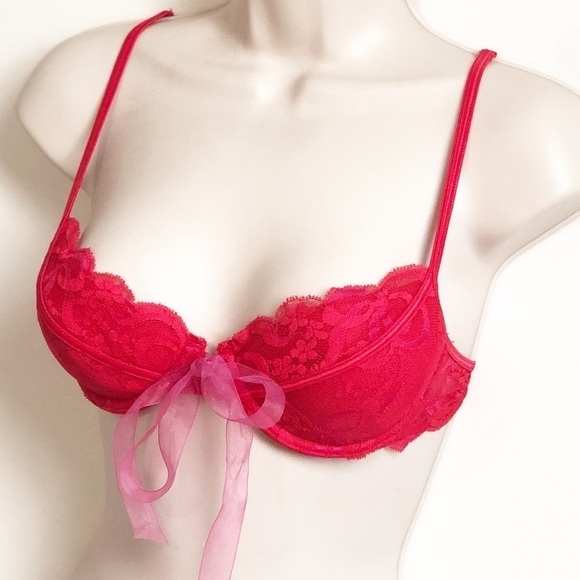 🆕 Victoria’s Secret solid red lace front closure bra pink tie padded - Picture 2 of 11
